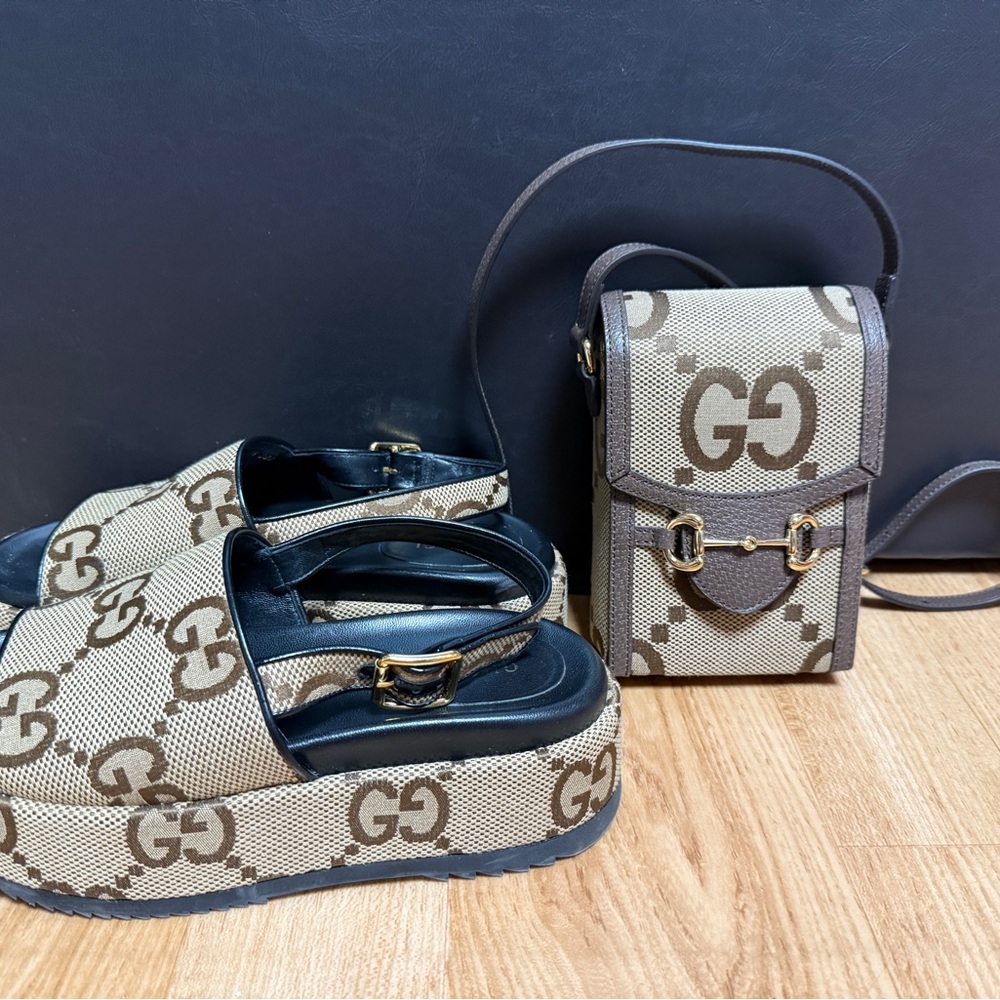 Gucci Brown and Beige GG Platform Slingback Sandals - Picture 8 of 10